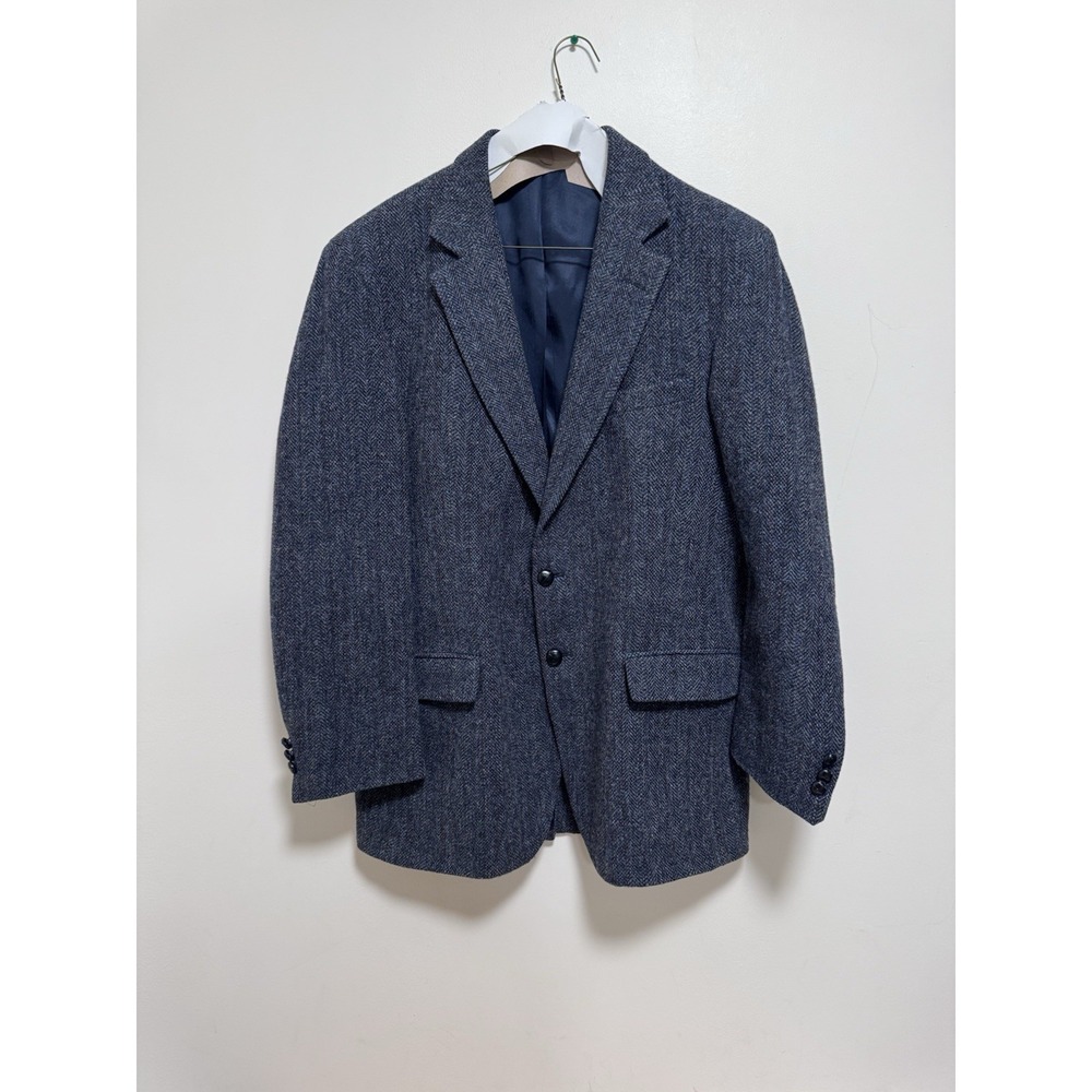 Harris Tweed Men Blazer 44L‎ Handwoven Wool Sport Coat Blue Grey Herringbone